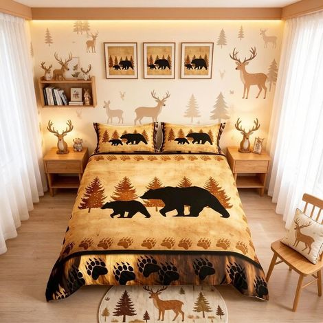 Parure de lit avec housse de couette et motif pattes d'ours rétro marron pour lit simple (1/5)