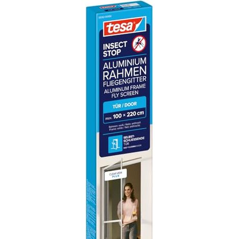 tesa Insect Stop ALU COMFORT Puerta Mosquitera con Marco de Aluminio y Vista Despejada - Mosquitera para Puertas - Blanca, 100 cm x 220 cm
