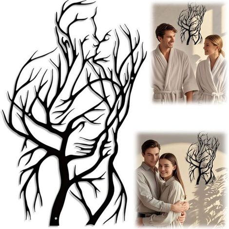 Décoration murale en métal Couple Arbre de Vie, sculpture abstraite moderne noire, romantique (1/5)