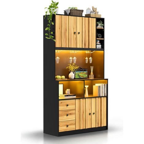 CHICFURN Mueble de cocina alto de 180 cm con LED RGB, enchufes USB, vinoteca, vitrina y estantes regulables para cocina y comedor, MDF negro y madera clara (1/5)