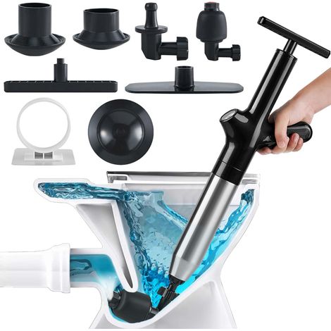 Déboucheur Canalisation Haute Pression, Déboucheur Wc Air Comprimé avec 4 Différentes Ventouses, Piston de Toilette pour Déboucher les Toilettes, Baignoire, Drain de sol, Lavabo (Noir) (1/5)