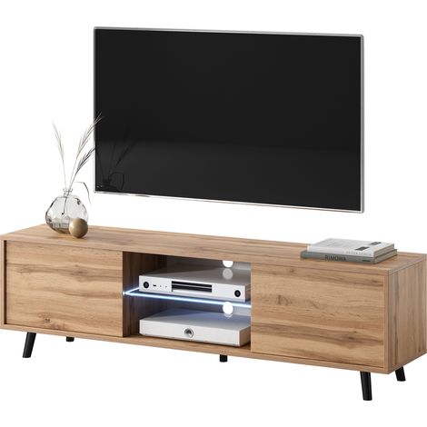 Selsey – Meuble TV moderne 140 cm en chêne wotan – Éclairage LED – 2 compartiments fermés et 2 niches ouvertes – Finition mate (1/5)