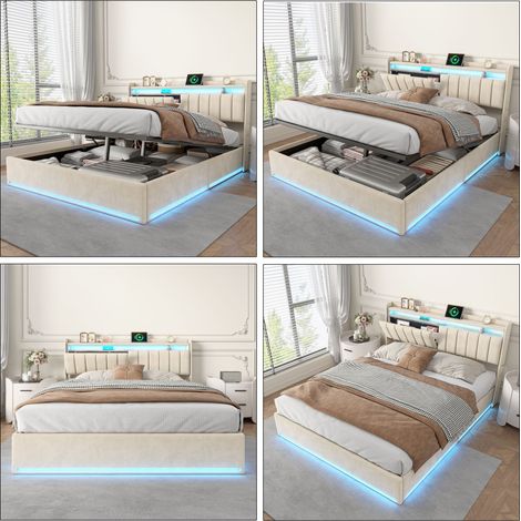 Sunfecili – Lit coffre 160x200 en velours beige – Rangement hydraulique – Tête de lit avec compartiments – LED réglables – Capacité 300 kg