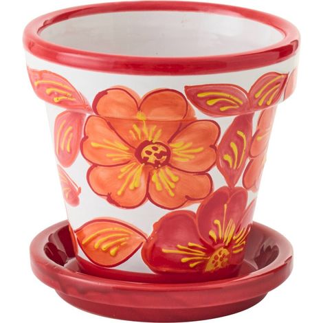 Cache pot en poterie motif fleuri orange - orange et blanc (1/3)