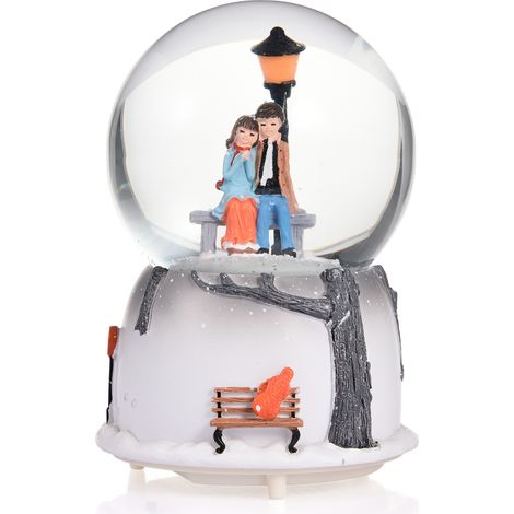 Boule à neige lumineuse musicale couple, ornement de bureau maison, globe cristal avec lumière LED colorée, type assis. (1/5)