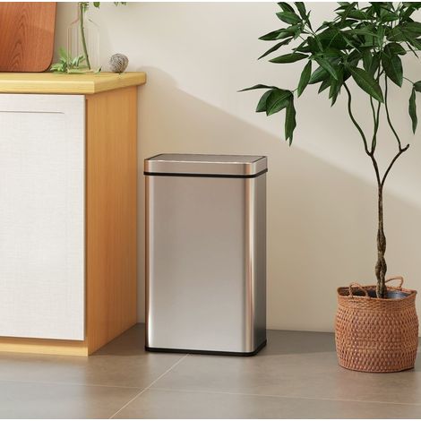 Poubelle à capteur 60 L 39x27x66 cm en acier inox argent, facile à monter pour cuisine FLORAGRACE (1/5)