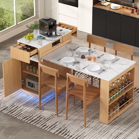 Isla de cocina con ruedas, mesa de comedor extensible con iluminación LED, mesa de cocina con regletas y ganchos, que sirve como isla de cocina. (1/5)