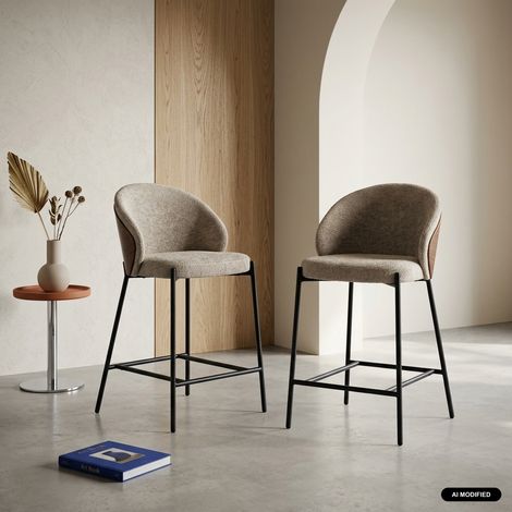 sweeek - Lot de 2 tabourets de bar bois de peuplier teinté noyer. acier noir et tissu texturé taupe - Paul (1/5)