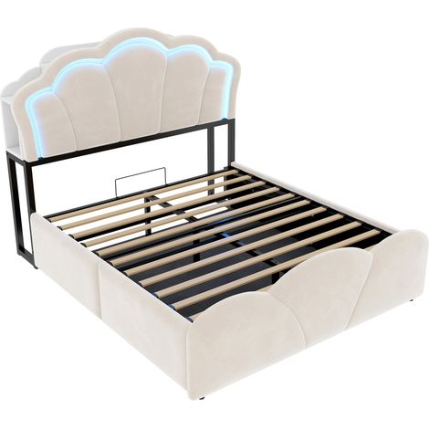 Polsterbett 140x200 cm Beige Samt mit hydraulischem Stauraum, LED und Steckdosen (1/5)