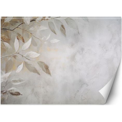 Fototapete Beige Blätter Zweige Natur Beton Boho 350x245 cm