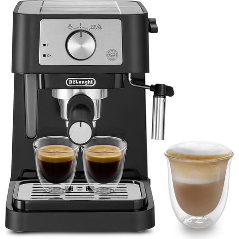 Delonghi – Cafetière à dosettes noire en acier inoxydable – 1100W – Pression 15 bars – Réservoir 1L – Mousseur à lait intégré pour expressos et cappuccinos (1/5)