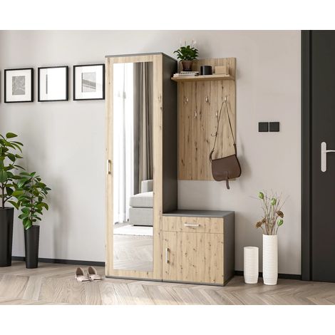 AX LIVING Garderobe mit Spiegel Magnola – 100 cm Breit, Grau & Eiche Artisan