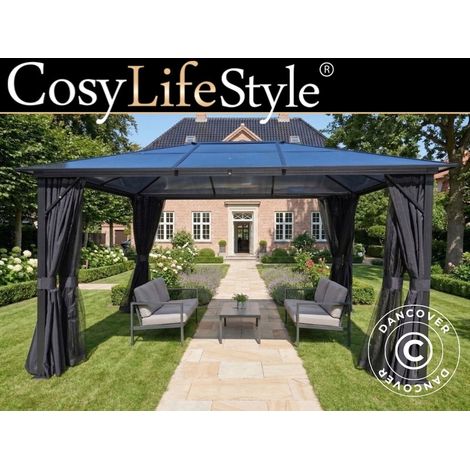 Gazebo Santa Barbara Steel+ w/curtains and mosquito net, 3x4 m, Black - Dancover