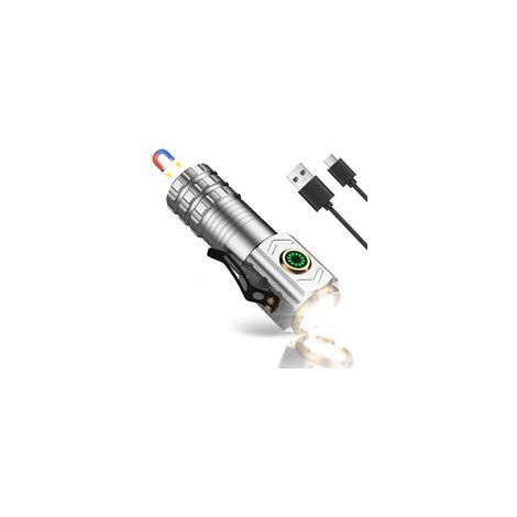 1600 Lumens Argent Petite Lampe Torche Rechargeable, 5 Mode Lampe Torche LED Ultra Puissante, , Mini Lampe de Poche Aimantée avec Clip, Étanche, , D'éclairage pour Camping Urgence Randonnée