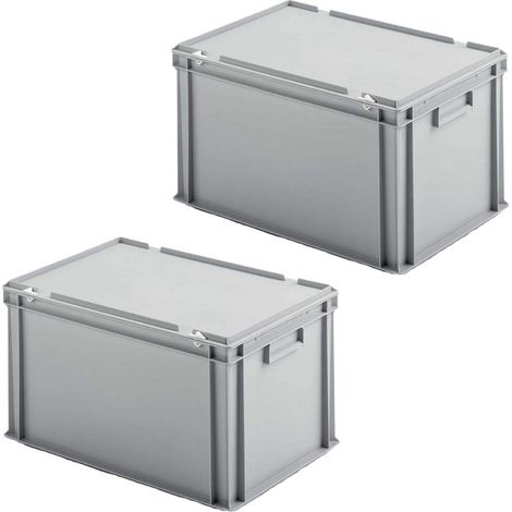 BRB Lot de 2 Boîtes de Rangement Plastique Euro avec Couvercle à Charnière - Dimensions : 600 x 400 x 330 mm - En Polypropylène - Qualité Alimentaire - Gris