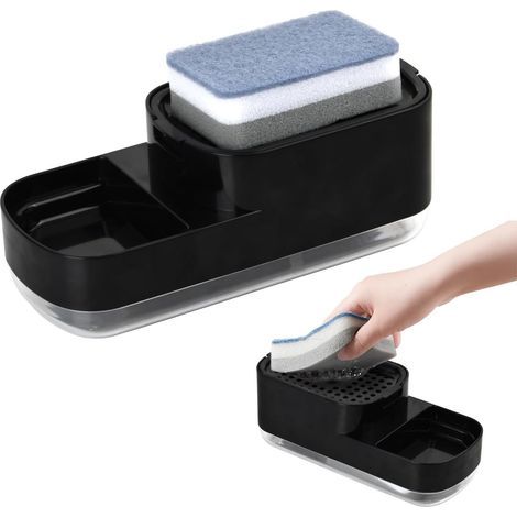 Distributeur de liquide vaisselle, distributeur de savon liquide avec porte-éponge, détergent rechargeable pour cuisine, noir (1/5)