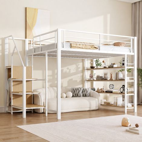 Letto a soppalco 140 x 200 in metallo bianco con scala contenitore e armadio, OKWISH (1/5)