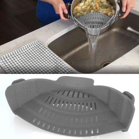 Silikon-Sieb zum Anclipsen – Hitzebeständig – Zum Abgießen von Lebensmitteln beim Kochen oder zum Ausgießen von Flüssigkeiten – Universalgröße – Grau – 1 Stück