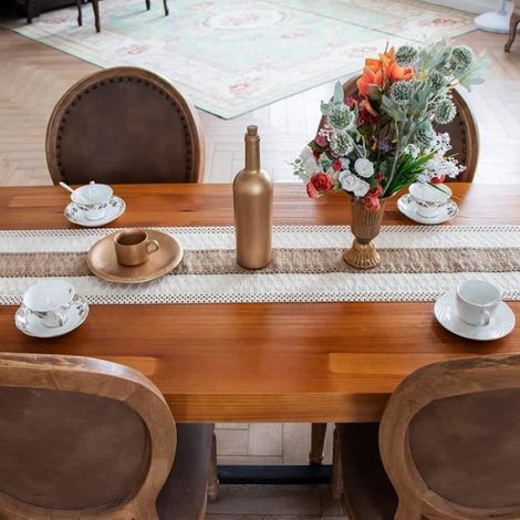Chemin de table, macramé en coton et toile de jute, style ferme, avec pompons pour mariage, décoration de table de salle à manger (1/4)