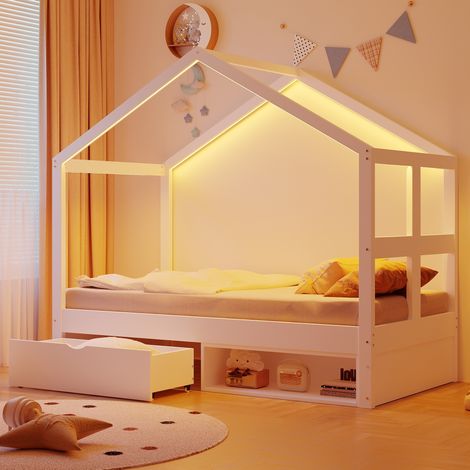Letto bambini 90x190 cm con cassetto, vano portascarpe e LED in legno, bianco, senza materasso (1/5)
