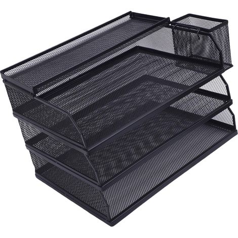 Organisateur de courrier 3 niveaux en métal, trieur de documents A4 avec boîte supérieure et porte-stylos, rangement de bureau pour maison et école (1/5)