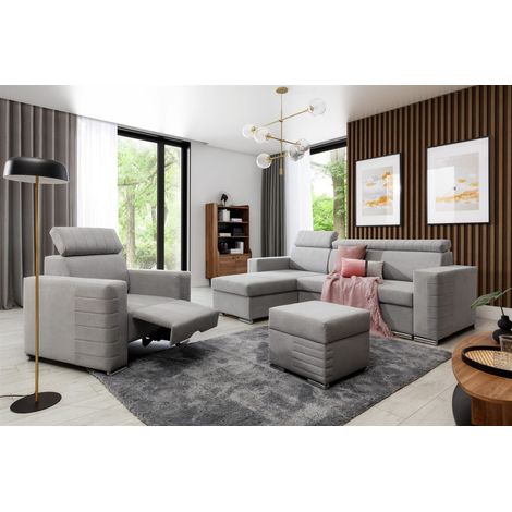Ecksofa inkl. Hocker und Sessel CANTON Stoff Camelia Hellgrau Ottomane Links (1/4)