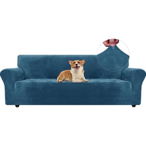 1 Housse de canapé, Velours, Extensible, Polyester, 4 places, Bleu paon, Protection animaux