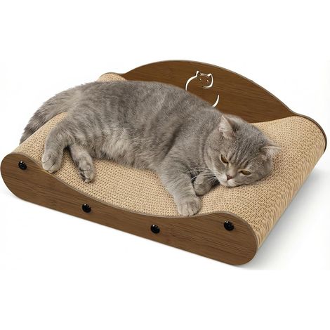 Griffoir pour Chat Compact 43 cm, Design Canapé Moderne en Carton Ondulé Renforcé avec Support Arrière en Bois - Idéal Petits Espaces & Appartements, Noyer (1/5)
