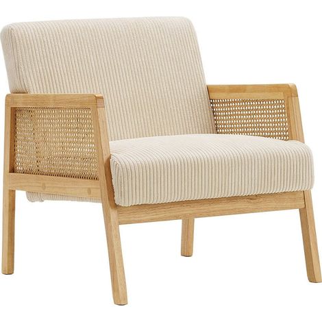 Homifab – Fauteuil en cannage et velours côtelé beige – Largeur 60,3 cm – Hauteur d'assise 44 cm – Dossier incliné pour confort optimal (1/5)