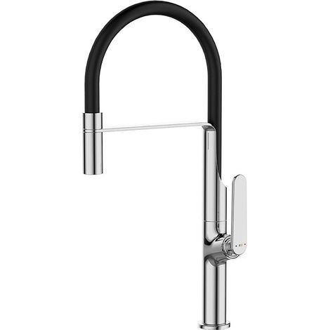 Robinet de cuisine mitigeur pour évier avec douchette mobile gris et noir chromé 46 cm