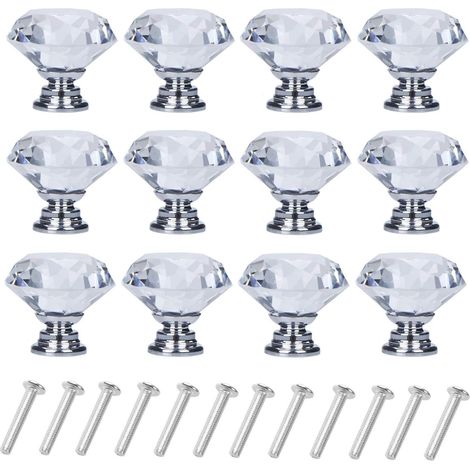 Paquete de 12 pomos de cristal con forma de diamante para cajones, pomos para armarios de 30 mm, tiradores, de plástico (plateado). (1/5)