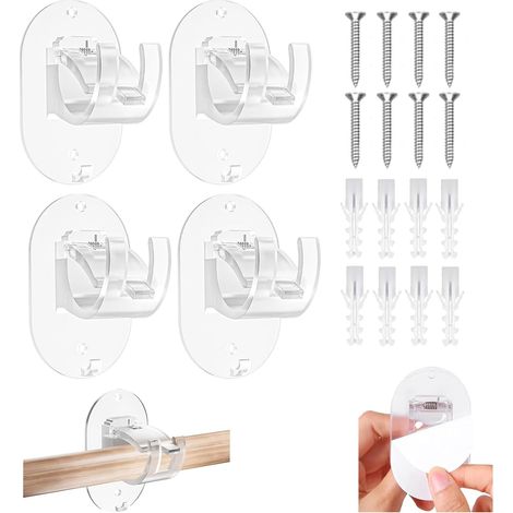 4 Supports tringle rideau, adhésif sans perçage, acier inoxydable, plastique PC, salle de bain, cuisine