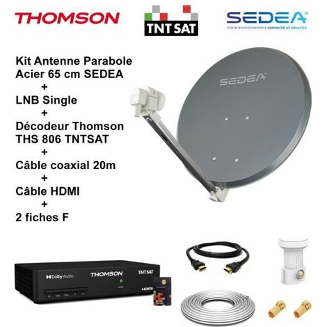Kit Parabole Acier 65 cm - SEDEA - LNB Single Full HD 4K - Décodeur THS 806 TNTSAT - Câble HDMI 20m