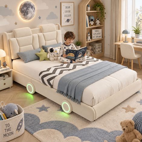 Kinder-Autobett 140x200 cm aus beigem Flanell, Kopfteil verstellbar, ohne Matratze – MEUBLIV (1/5)