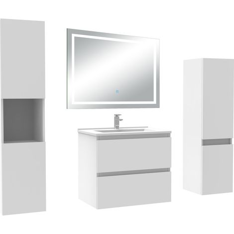 Acezanble Ensemble meuble Salle de Bain 60cm avec colonne et miroir lumineux 3 couleurs blanc