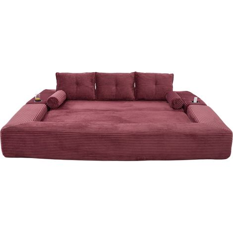 Divano Letto 3 Posti in Velluto a Coste, Cuscini in Memory Foam, Tasche Laterali e Portabicchieri, Rosso Vino 232 x 98 x 80 cm (1/5)