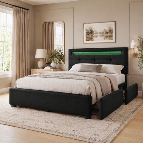 Cama con canapé 90x200 cm con LED, 2 cajones y colchón de muelles, negro DESVIAE (1/5)
