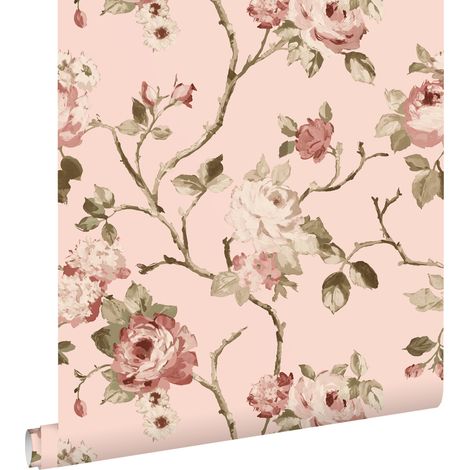 papier peint fleurs vintage vert et rose - ESTAhome (1/5)