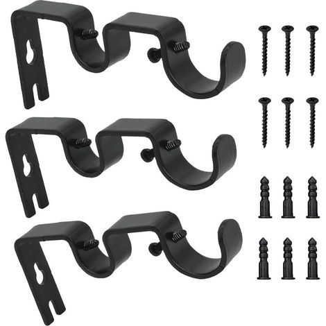 3pcs Supports de Tringle à Rideau, Support Mural Réglable Tringle, Double Supports de Pôle Rideau, Métal Supports Muraux Tringle Robuste avec Vis Pour Rideau de Fenêtre Murale (Noir) (1/5)
