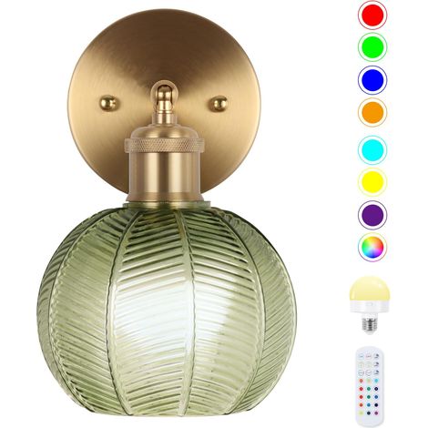 Applique murale vintage à piles avec abat-jour en verre tulipe vert foncé, rechargeable, applique murale à piles avec télécommande, appliques murales sans fil, pour chambre, salon, couloir (1/5)