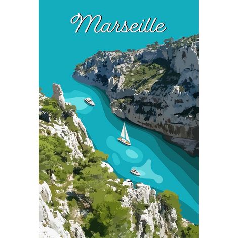 Tableau sur toile illustration calanque Marseille 45x65 cm - Impression sur Toile Murale Décorative - Image imprimée en HD sur Toile - Toile sur Châssis en Bois FSC - Fabriqué en France