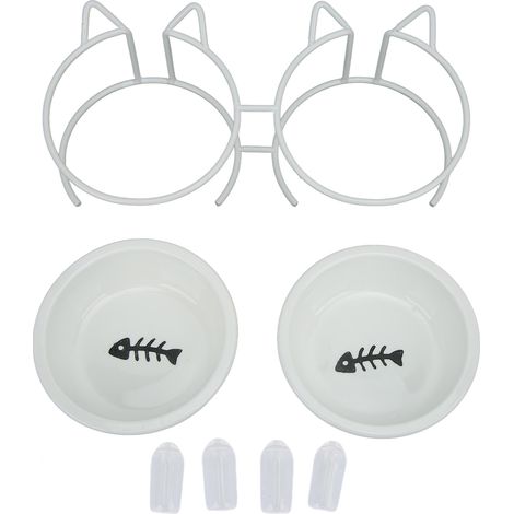 Double bol en céramique pour animaux de compagnie, bols surélevés pour chat avec support en métal et couvercle pour nourriture et eau (1/5)