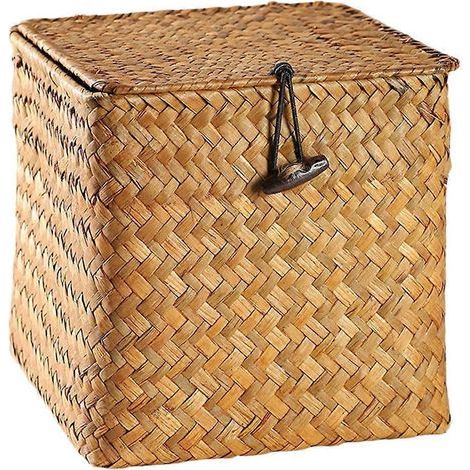 Boîte à thé carrée en paille tressée avec couvercle, idéale pour ranger le thé et décorer la maison (orange, taille moyenne).-13x13cm-Orange (1/3)