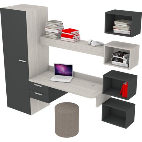 Scrivania sospesa design con mensola luminosa, pensili e armadio - Rovere rock (1/5)