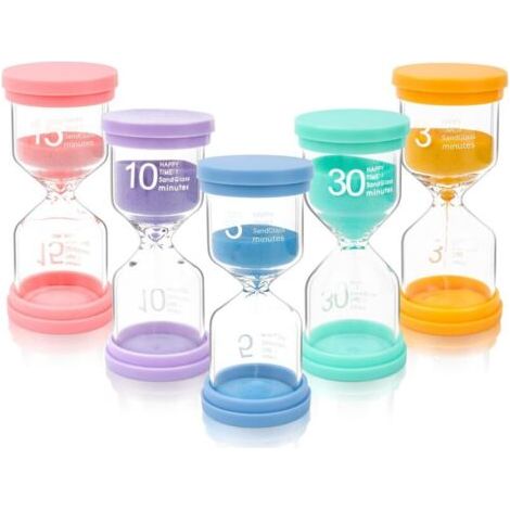 Pair 5 pcs Sablier Coffret, Sabliers Colorés pour Enfants, Min en Verre, 3/5/10/15/30 Minutes, Sabliers de Couleur Macaron pour l'apprentissage, le Timing de jeu, la Décoration du Bureau à Domicile (1/5)