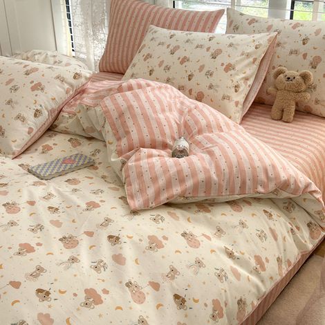 Set aus 4 Bettwaren in 100 % Naturbaumwolle – Spannbettlaken, Bettlaken und 2 Kopfkissenbezüge – Standardgröße 180x220 cm (Bettdecke), ideal für Einzel-, Doppelbetten oder Studentenzimmer