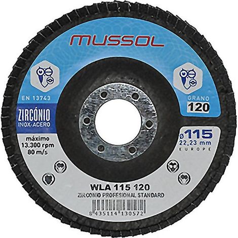 MUSSOL disco laminas wla 115 g120 inoxidable , DIsco de láminas Zirconio Grano 120. - Diámetro 115mm. - Máxima velocidad 13.300rpm. 80 m/s. - Lijado en múltiples materiales como me (1/3)