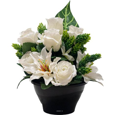 Pot de Roses et Lys fleurs artificielles pour le cimetière H 31 cm D 24 cm Crème - couleur: Crème (1/3)