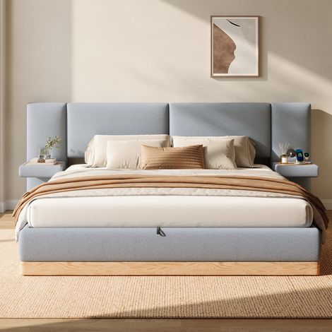 Lit coffre rembourré 140x200 cm - port usb - sommier relevable - grand rangement - sommier à lattes - mdf - design moderne - gain de place - noir (1/5)