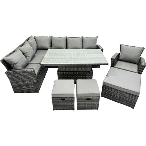 Fimous Poly Rattan Outdoor Patio Height Adjustable Rising Lifting Table Corner Sofa Set with 3 Stools for Garden Backyard Dark Grey Mixed (1/5)